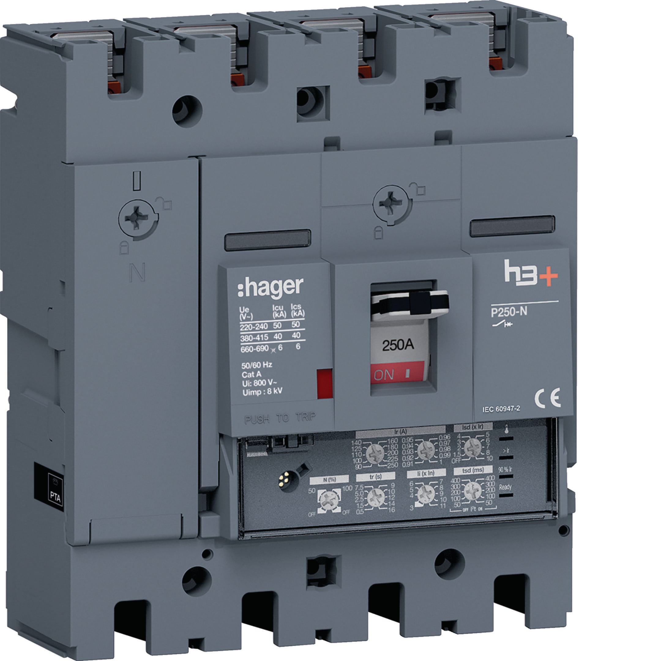 HAGER BOCCHIOTTI - Interruttore automatico scatolato h3+ P250 LSI 4P 40kA 250A neutro regolabile