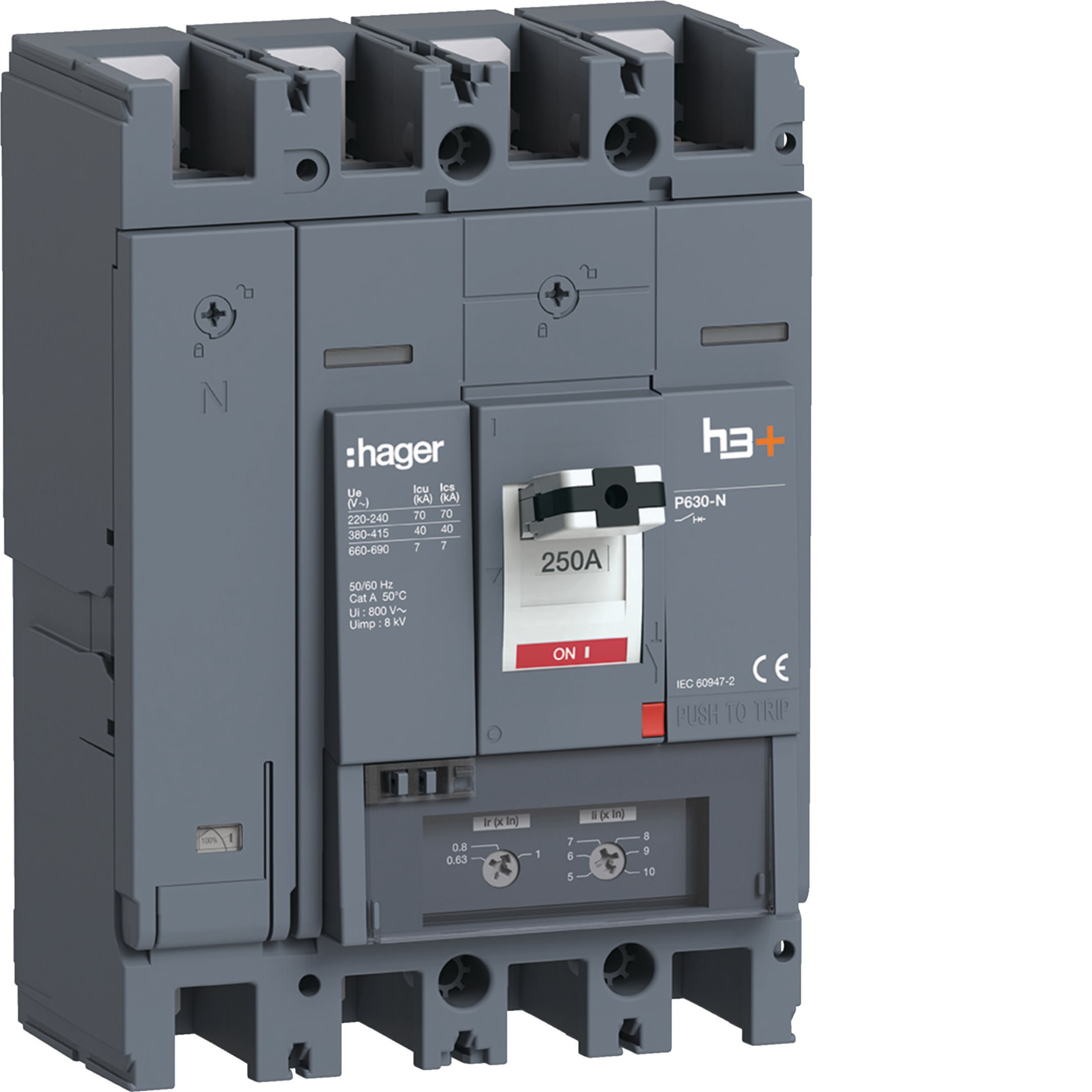HAGER BOCCHIOTTI - Interruttore automatico scatolato h3+ P630 TM 4P 40kA 250A neutro regolabile