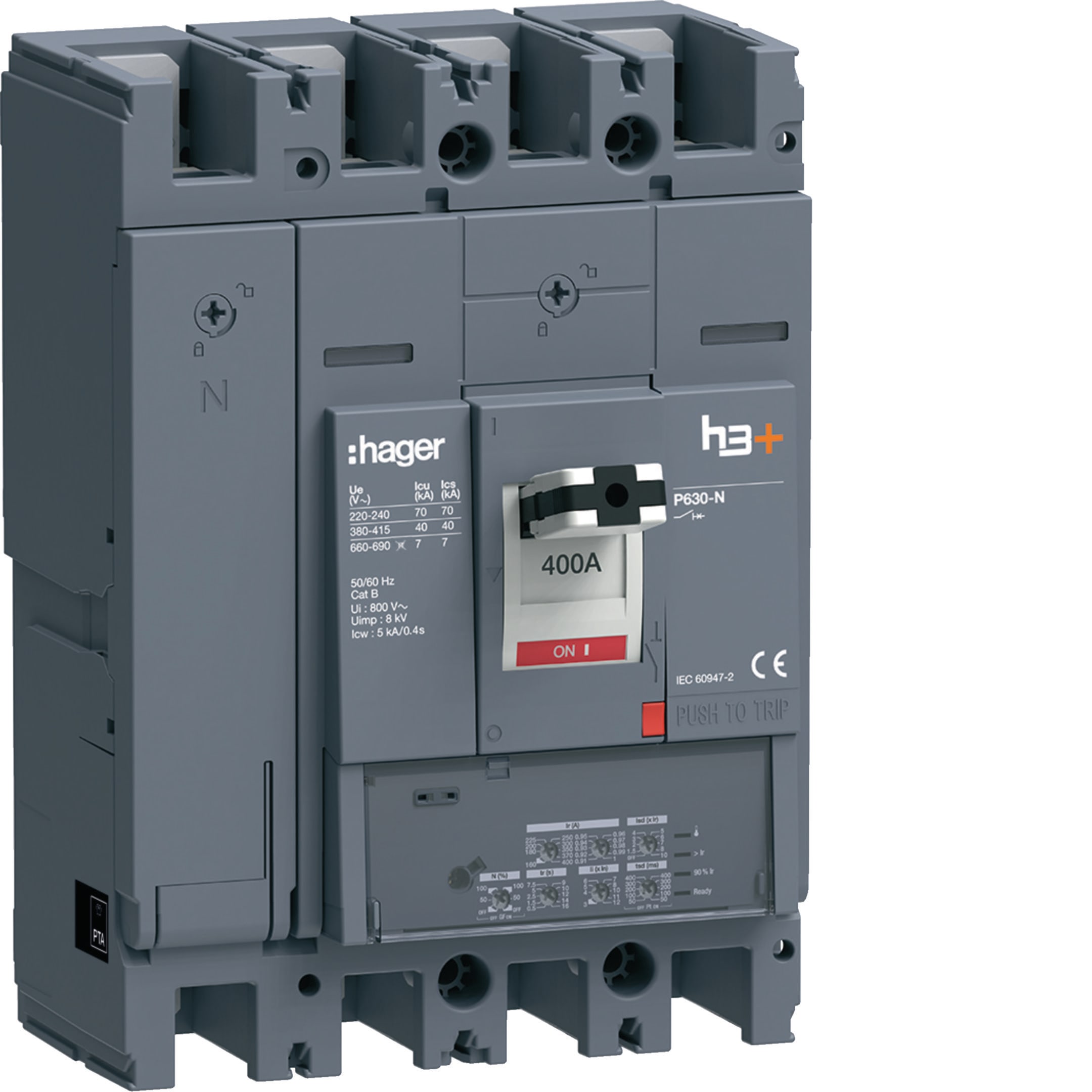 HAGER BOCCHIOTTI - Interruttore automatico scatolato h3+ P630 LSIG 4P 40kA 400A neutro regolabile