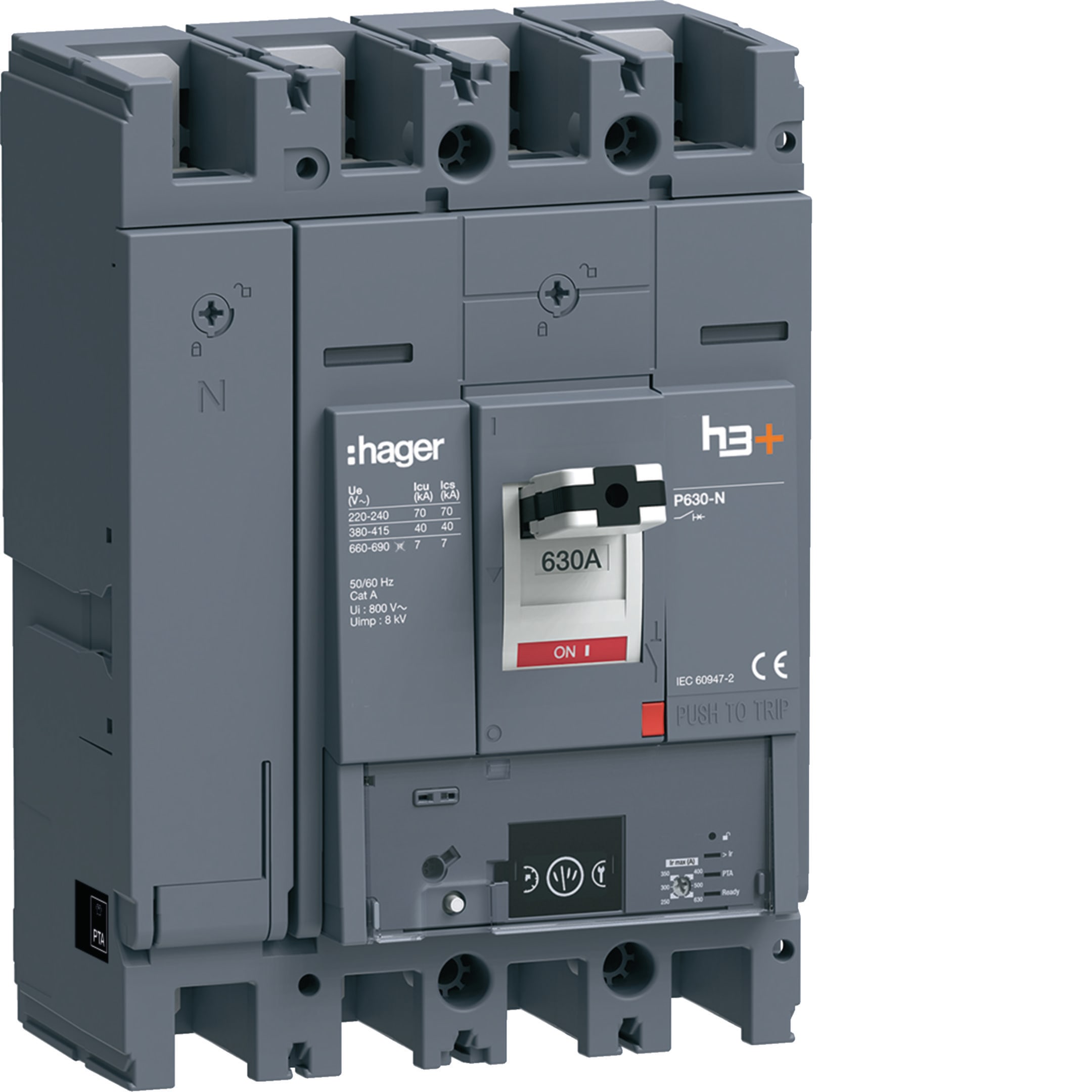 HAGER BOCCHIOTTI - Interruttore scatolato h3+ P630 LSIG Energy 4P 40kA 630A neutro regolabile
