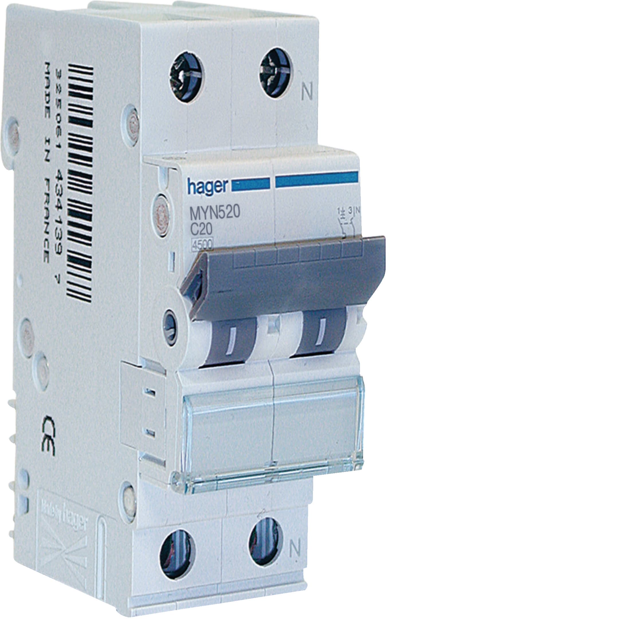 HAGER BOCCHIOTTI - Interruttore automatico magnetotermico 4500A 1P+N curva C 20A 2M