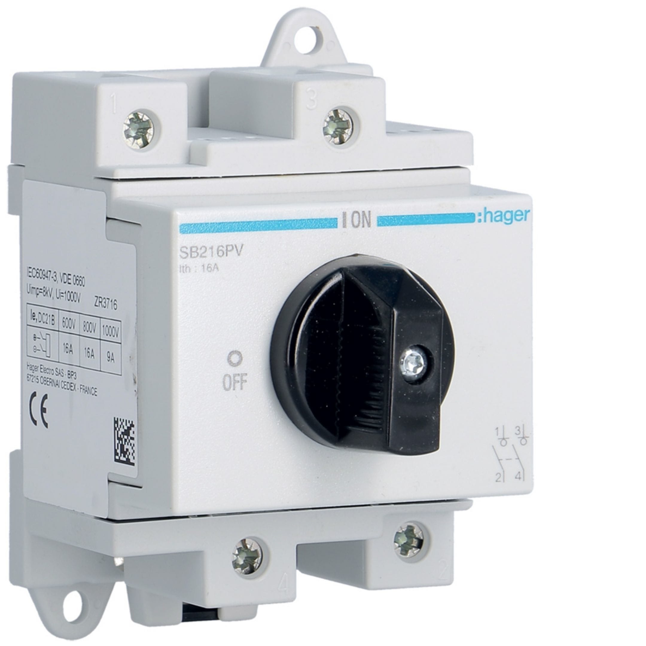 HAGER BOCCHIOTTI - Sezionatore rotativo fotovoltaico 2P 16A 600VDC 3.5 moduli DIN