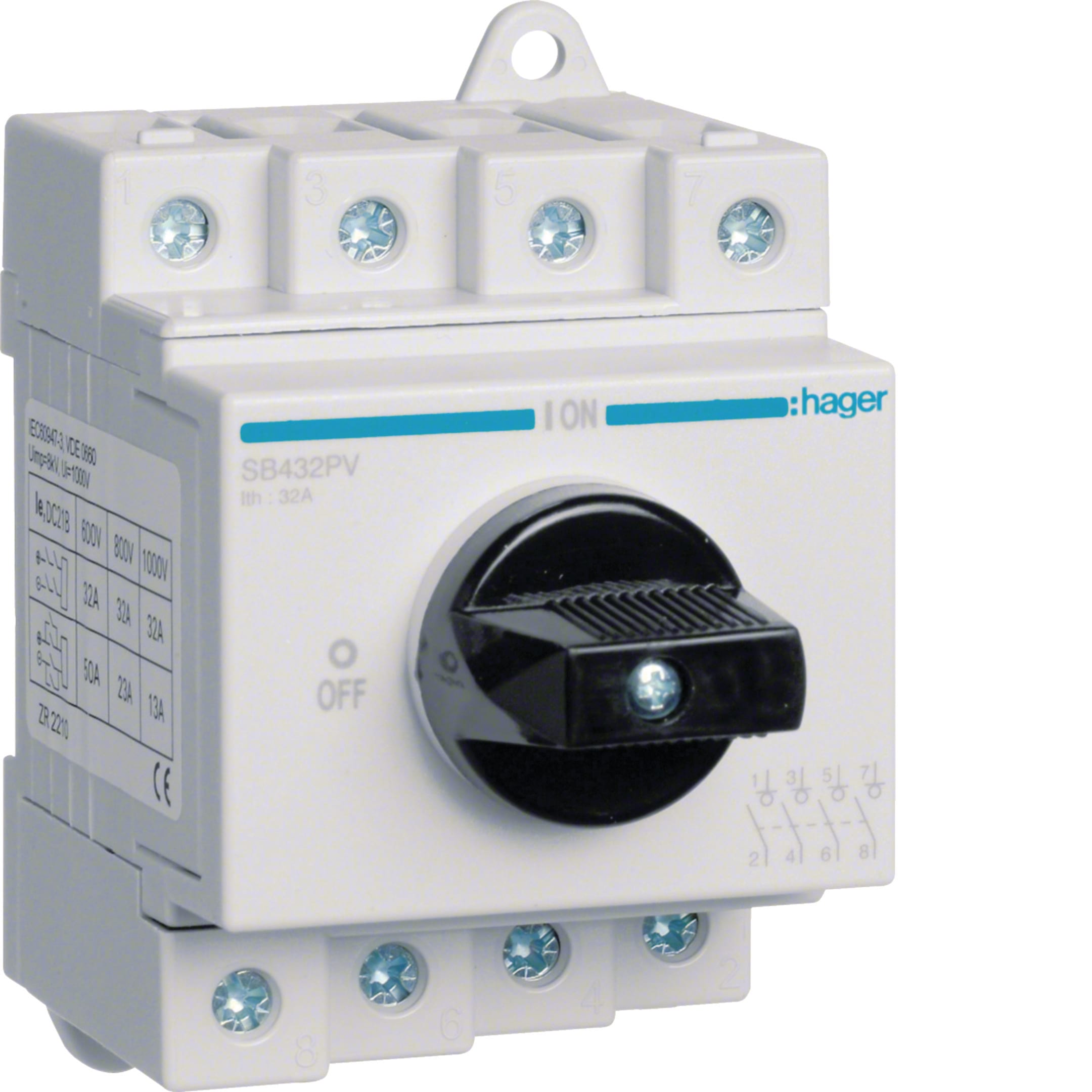 HAGER BOCCHIOTTI - Sezionatore rotativo fotovoltaico 4P 32A 1000VDC 3.5 moduli DIN