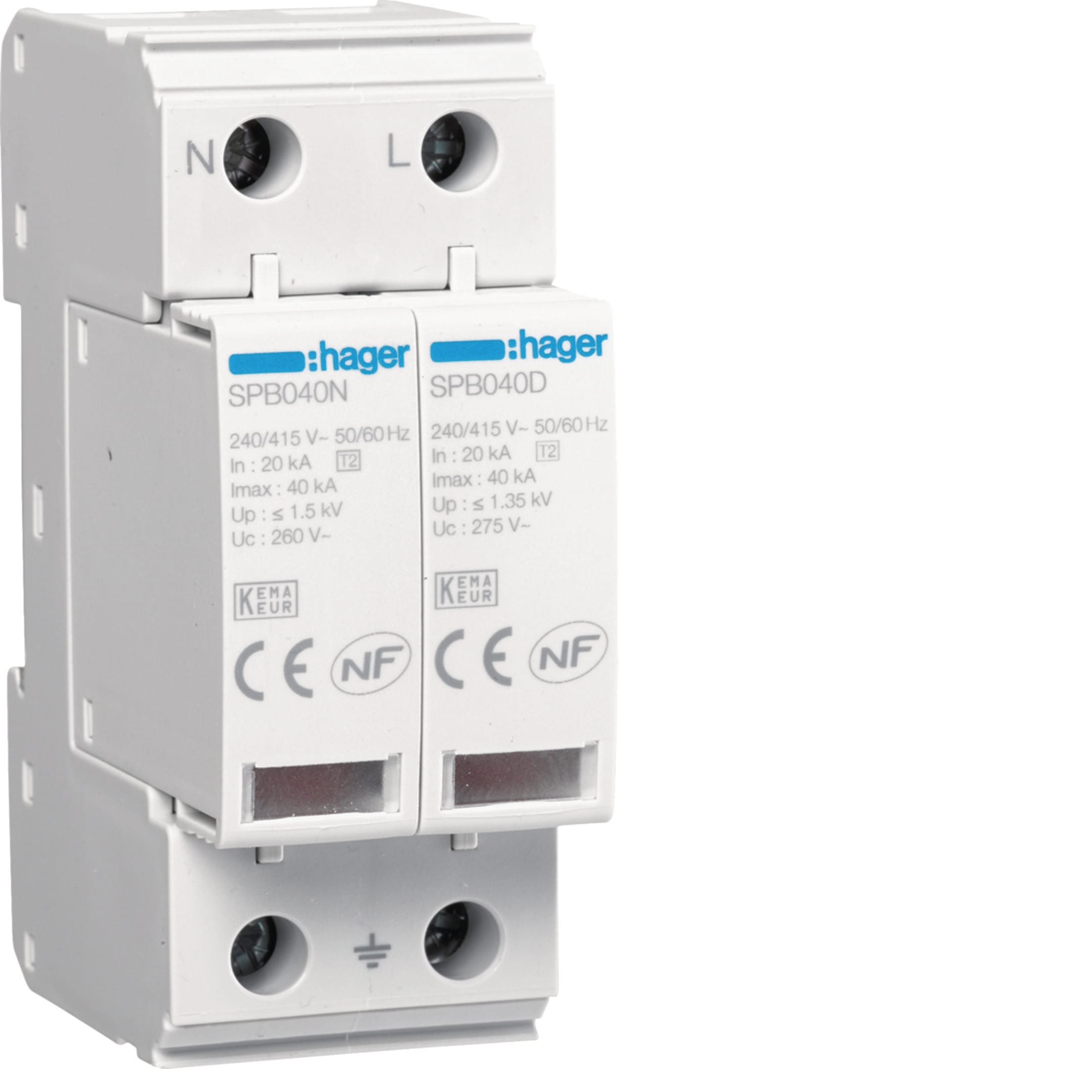 HAGER BOCCHIOTTI - SPD 2P T2 TNS/TT Uc 275V In 20kA Imax 40kA