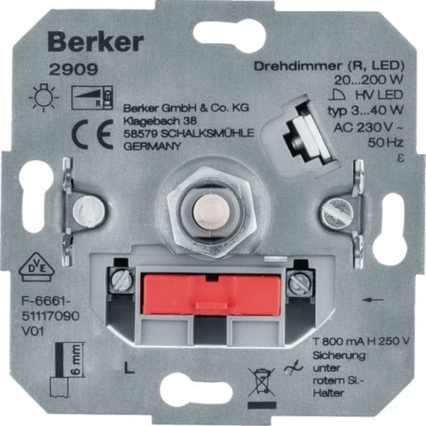 HAGER BOCCHIOTTI - Dimmer a manopola, (R, LED) - 2 fili - 200W (40W LED) - 230 V AC 2909
