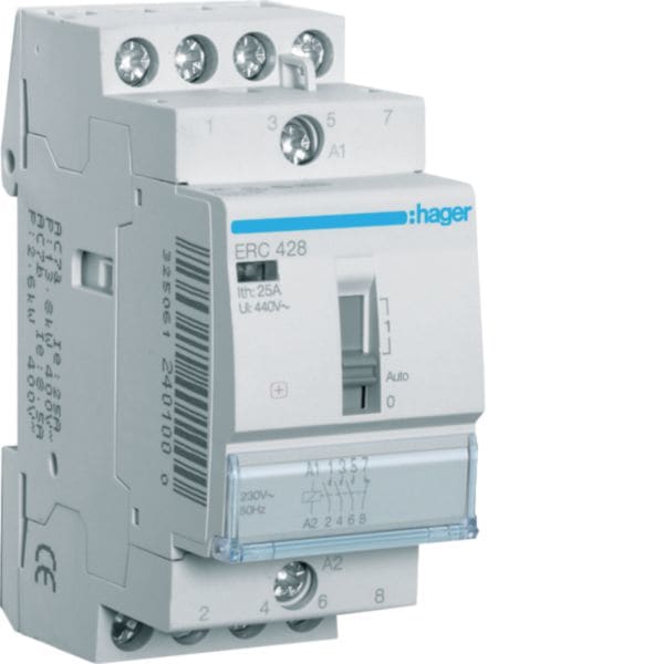 HAGER BOCCHIOTTI - Contattore a comando manuale 25 A 230 V AC 3 NA+1 NC 2 moduli DIN ERC428