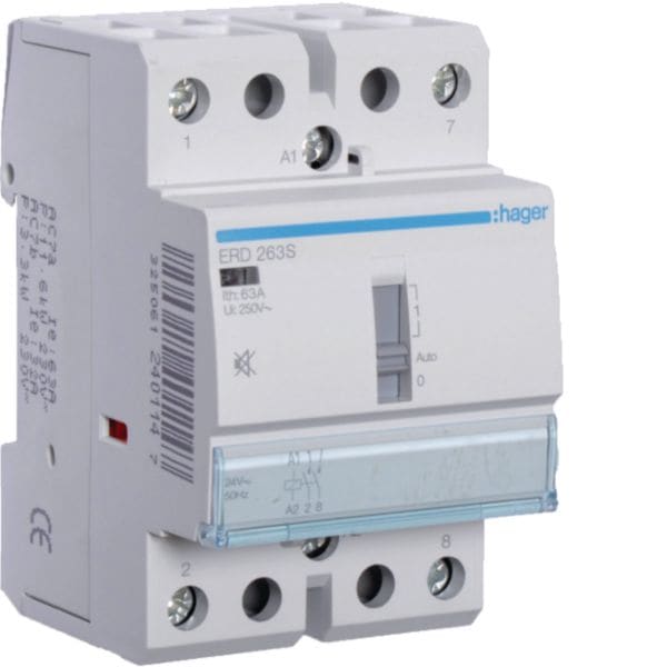 HAGER BOCCHIOTTI - Relè di comando silenzioso 63 A 24 VAC / VDC 2 NA 3 moduli DIN ERD263S
