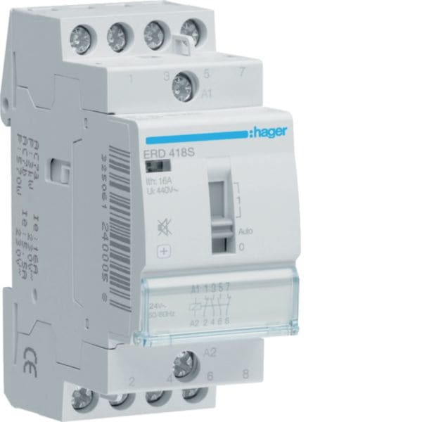 HAGER BOCCHIOTTI - Relè di comando silenzioso 16 A 24 VAC / VDC 2 NA + 2 NC 2 moduli DIN ERD418S