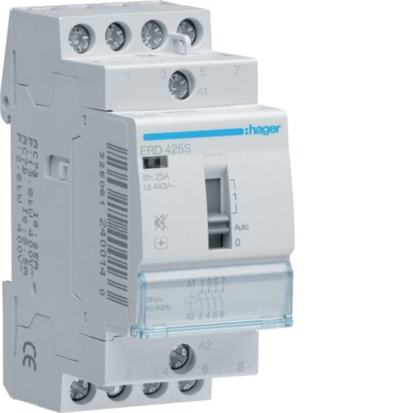 HAGER BOCCHIOTTI - Contattore a comando manuale silenzioso 25 A 24 VAC / VDC 4 NA 2 moduli DIN ERD425S
