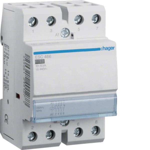 HAGER BOCCHIOTTI - Contattore standard 63 A 230 V AC 3 NA + 1 NC 3 moduli DIN ESC466
