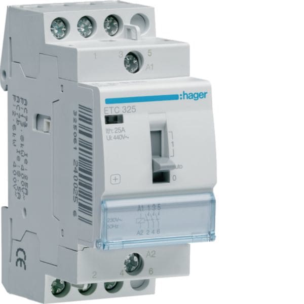 HAGER BOCCHIOTTI - Contattore giorno / notte 25 A 230 V AC 3 NA 2 moduli DIN ETC325