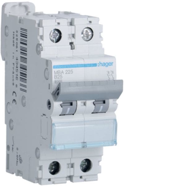 HAGER BOCCHIOTTI - Interruttore automatico magnetotermico 6000A 10kA 2P curva B 25A 2M MBA225
