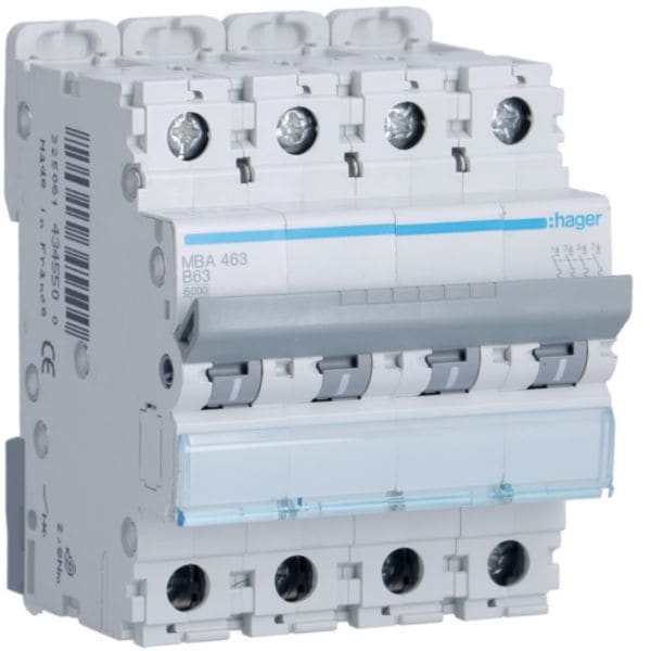 HAGER BOCCHIOTTI - Interruttore automatico magnetotermico 6000A 10kA 4P curva B 63A 4M MBA463