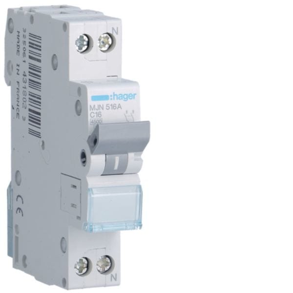 HAGER BOCCHIOTTI - Interruttore automatico magnetotermico 4500A 1P+N curva C 16A 1M MJN516A