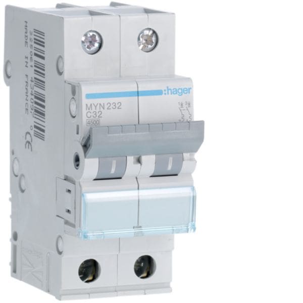 HAGER BOCCHIOTTI - Interruttore automatico magnetotermico 4500A 2P curva C 32A 2M MYN232