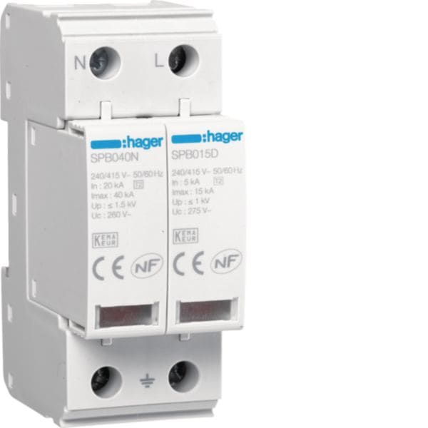 HAGER BOCCHIOTTI - SPD 2P T2 TNS/TT Uc 275V In 5kA Imax 15kA SPB215D