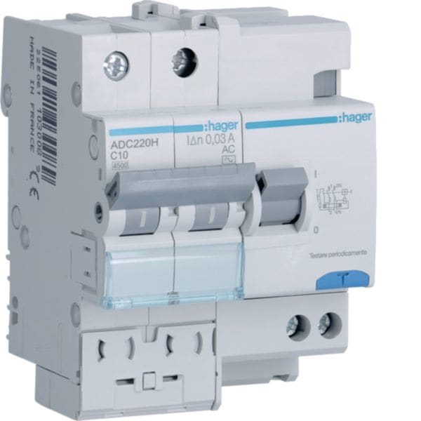 HAGER BOCCHIOTTI - Interruttore magnetotermico differenziale 4500A 2P curva C 10A tipo AC 30mA 4M ADC220H