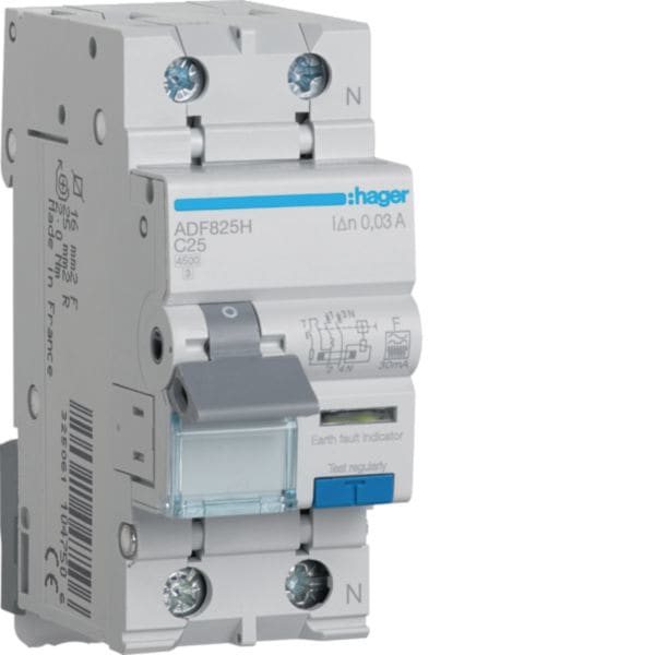 HAGER BOCCHIOTTI - Interruttore magnetotermico differenziale 4500A 1P+N curva C 25A tipo F 30mA 2M ADF825H