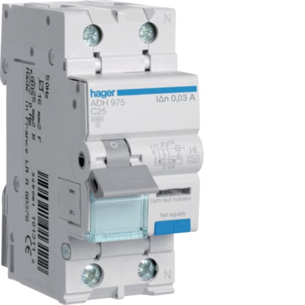 HAGER BOCCHIOTTI - Interruttore magnetotermico differenziale 6000A 1P+N curva C 25A A-HI 30mA 2M