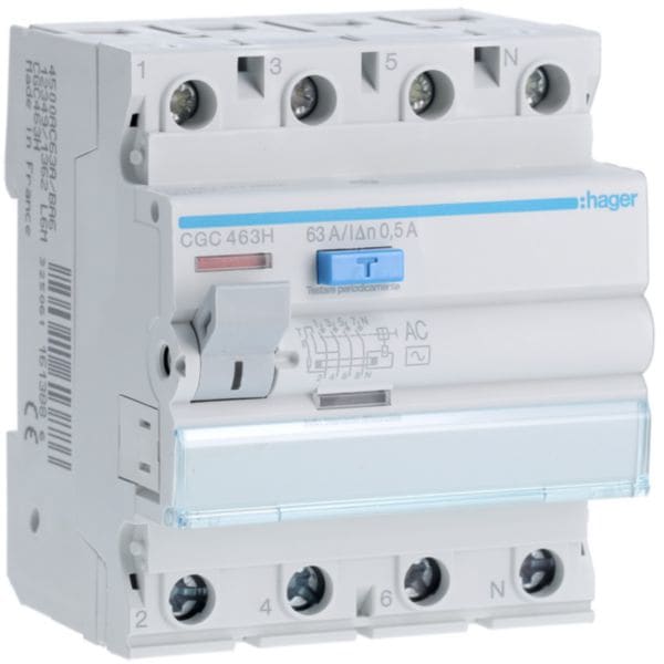 HAGER BOCCHIOTTI - Interruttore differenziale puro 4P 63A tipo AC 500mA 4M CGC463H