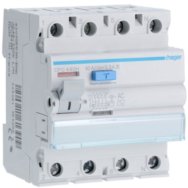 HAGER BOCCHIOTTI - Interruttore differenziale puro 4P 40A tipo AC selettivo 300mA 4M CPC440H