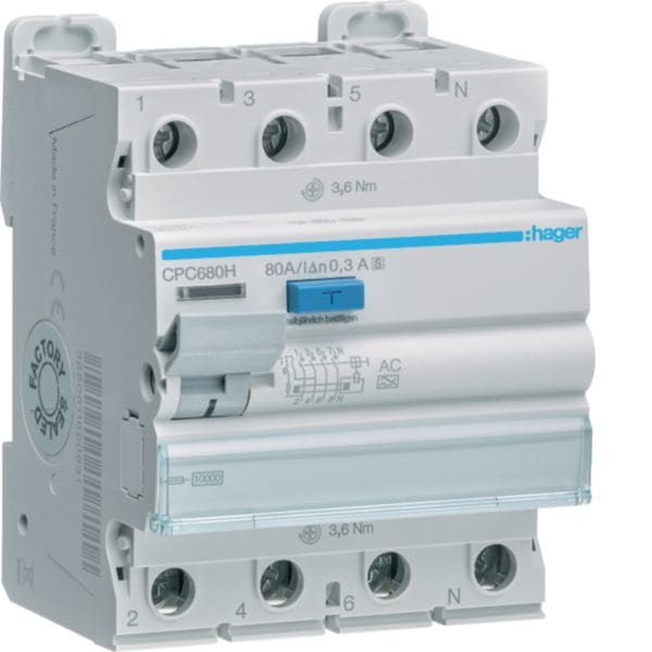 HAGER BOCCHIOTTI - Interruttore differenziale puro 4P 80A tipo AC selettivo 300mA 4M CPC680H