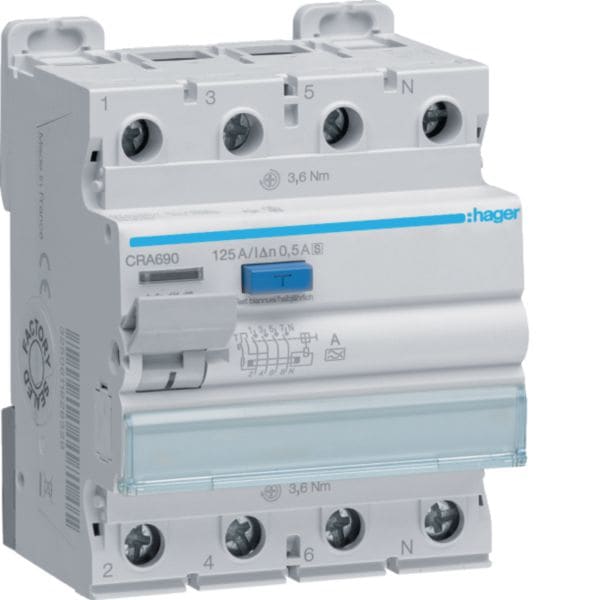 HAGER BOCCHIOTTI - Interruttore differenziale puro 3P+N 125A tipo A selettivo 500mA 4M CRA690