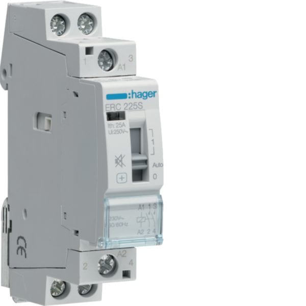 HAGER BOCCHIOTTI - Contattore comando manuale silenzioso 2 NA 230 V AC 25 A 1 modulo DIN