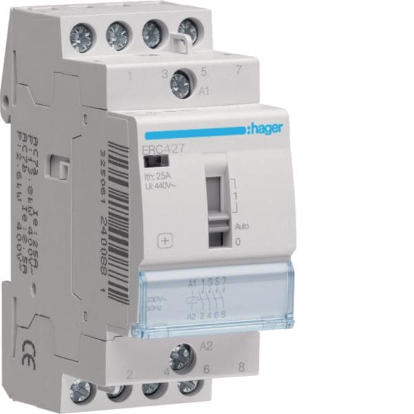 HAGER BOCCHIOTTI - Contattore a comando manuale 25 A 230 V AC 2 NA + 2 NC 2 moduli DIN ERC427