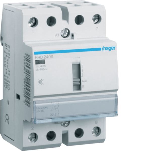 HAGER BOCCHIOTTI - Relè di comando silenzioso 40 A 24 VAC / VDC 2 NA 3 moduli DIN ERD240S