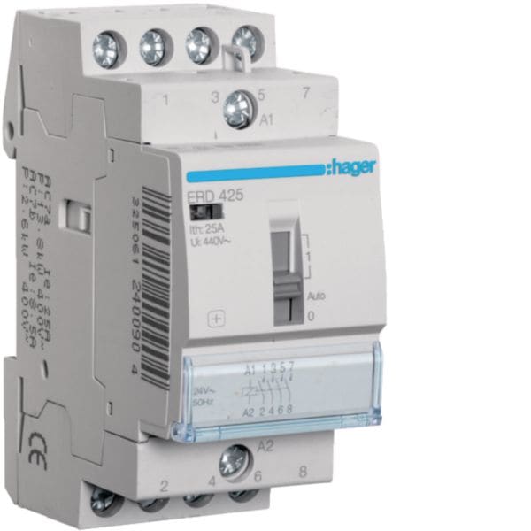 HAGER BOCCHIOTTI - Contattore a comando manuale 25 A 24 V AC 4 NA 2 moduli DIN