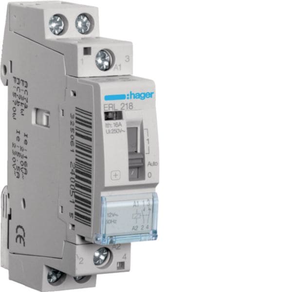 HAGER BOCCHIOTTI - Relè a comando manuale eco 1 NA + 1 NC 8 - 12 V AC 16 A 1 modulo DIN