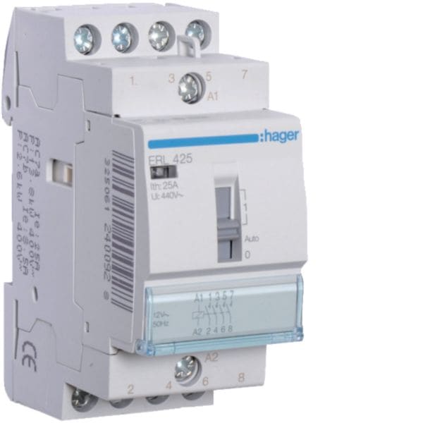 HAGER BOCCHIOTTI - Contattore a comando manuale 25 A 12V AC 4 NA 2 moduli DIN