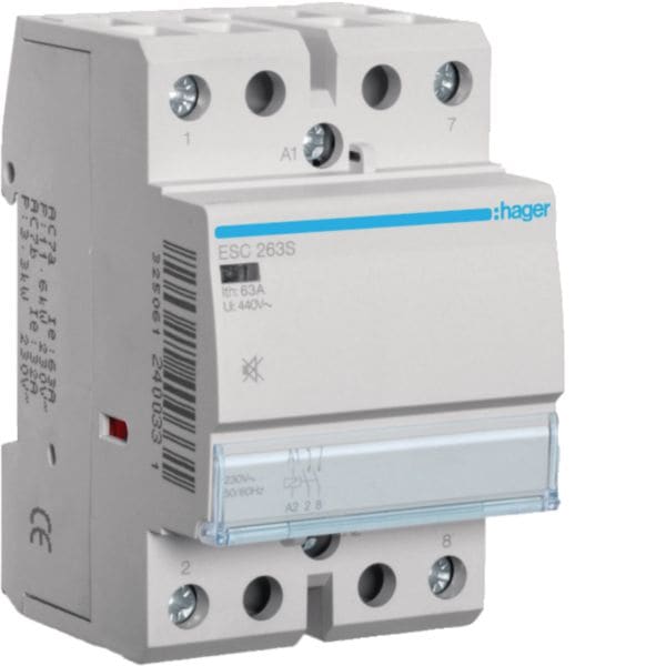 HAGER BOCCHIOTTI - Contattore silenzioso 63 A 230 V AC 2 NA 3 moduli DIN