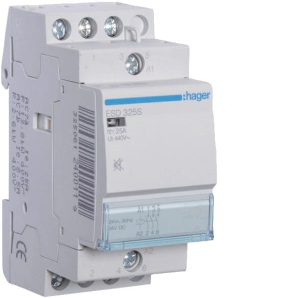 HAGER BOCCHIOTTI - Contattore silenzioso 25 A 24 VAC/VDC 3 NA moduli DIN ESD325S
