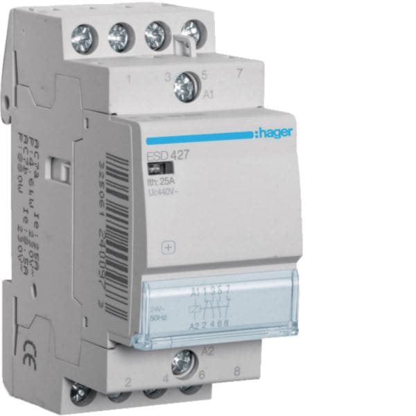 HAGER BOCCHIOTTI - Contattore 25 A 24 V AC 2 NA + 2 NC 2 moduli DIN