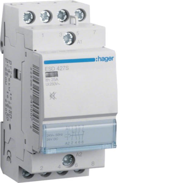 HAGER BOCCHIOTTI - Contattore silenzioso 25 A 24 VAC / VDC 2 NA + 2 NC 2 moduli DIN