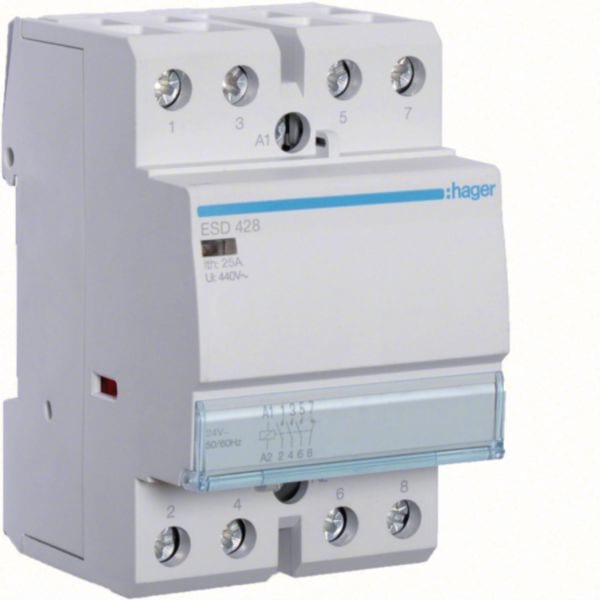 HAGER BOCCHIOTTI - Contattore eco 25 A 24 V AC 3 NA + 1 NC 2 moduli DIN