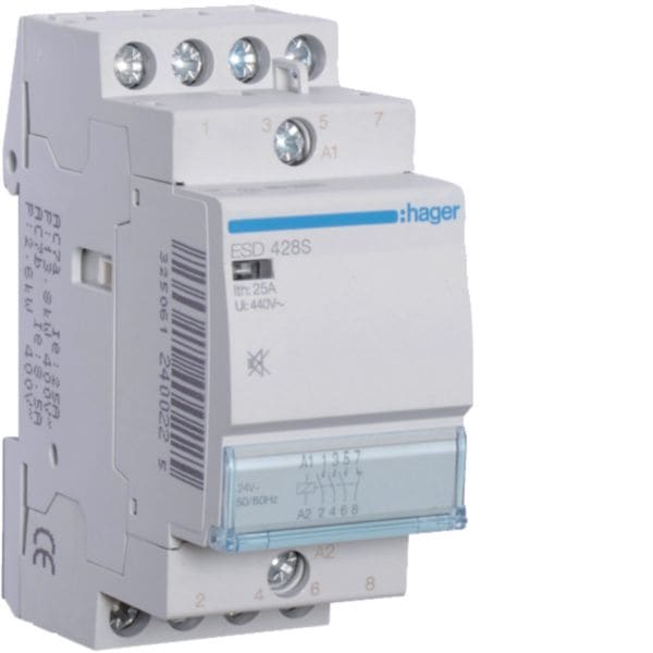 HAGER BOCCHIOTTI - Contattore silenzioso 25 A 24 VAC / VDC 3 NA + 1 NC 2 moduli DIN
