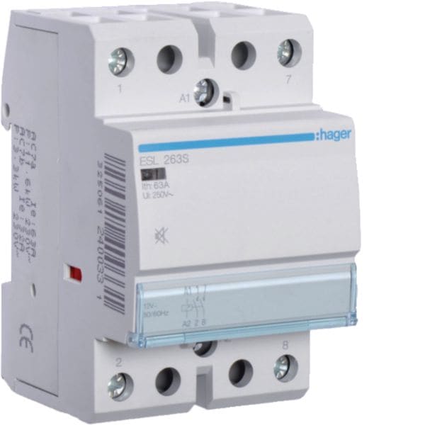 HAGER BOCCHIOTTI - Contattore silenzioso 63 A 12 VAC / VDC 2 NA 3 moduli DIN