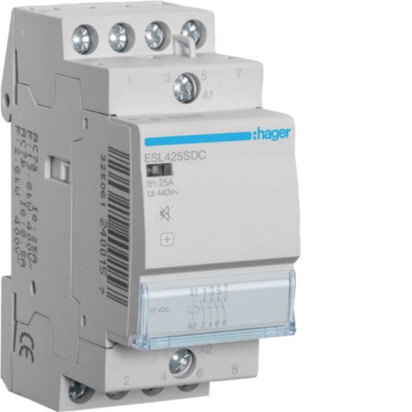 HAGER BOCCHIOTTI - Contattore silenzioso 25 A 8/12 V DC 4 NA 2 moduli DIN