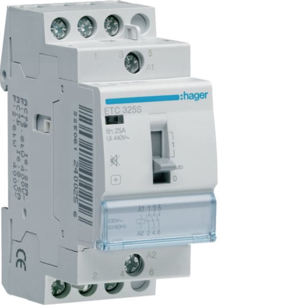 HAGER BOCCHIOTTI - Contattore giorno / notte silenzioso 25 A 230 V AC 3 NA 2 moduli DIN