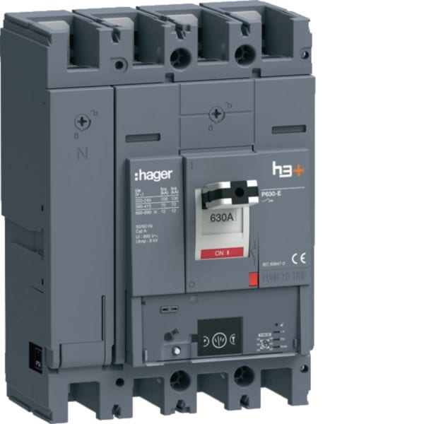 HAGER BOCCHIOTTI - Interruttore scatolato h3+ P630 LSIG Energy 4P 70kA 630A neutro regolabile HEW631NR