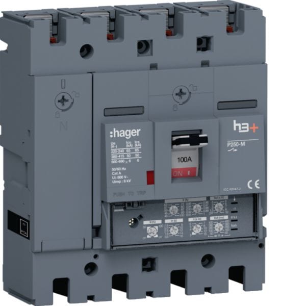 HAGER BOCCHIOTTI - Interruttore automatico scatolato h3+ P250 LSI 4P 50kA 100A neutro regolabile