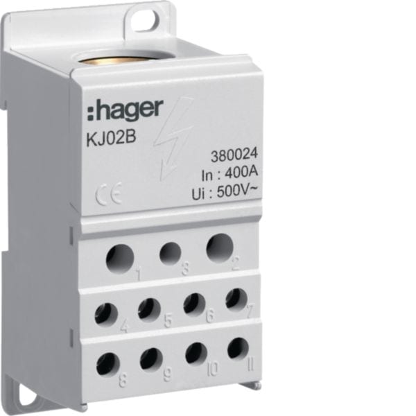 HAGER BOCCHIOTTI - Blocco di distribuzione unipolare 400A 12 connessioni KJ02B