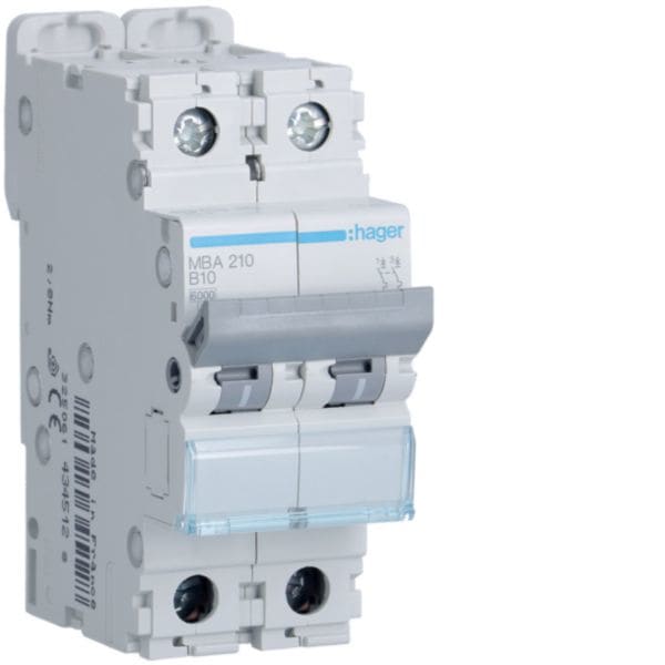 HAGER BOCCHIOTTI - Interruttore automatico magnetotermico 6000A 10kA 2P curva B 10A 2M MBA210