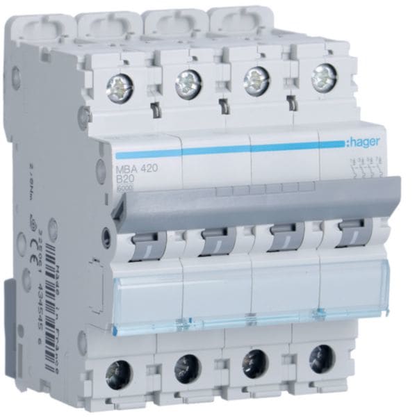 HAGER BOCCHIOTTI - Interruttore automatico magnetotermico 6000A 10kA 4P curva B 20A 4M MBA420