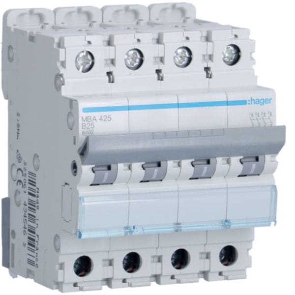 HAGER BOCCHIOTTI - Interruttore automatico magnetotermico 6000A 10kA 4P curva B 25A 4M MBA425