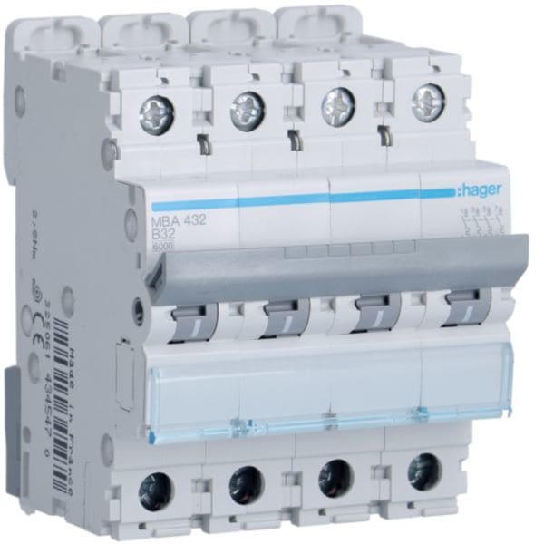 HAGER BOCCHIOTTI - Interruttore automatico magnetotermico 6000A 10kA 4P curva B 32A 4M MBA432
