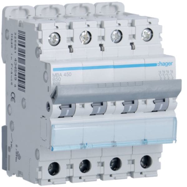 HAGER BOCCHIOTTI - Interruttore automatico magnetotermico 6000A 10kA 4P curva B 50A 4M MBA450